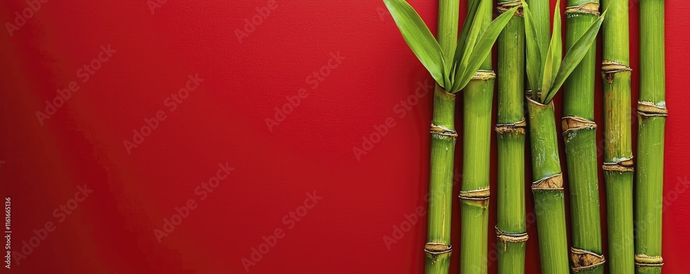 Obraz premium Bamboo species exhibit remarkable rapid growth, fascinating for nature enthusiasts, bold red background draws attention to their vitality.