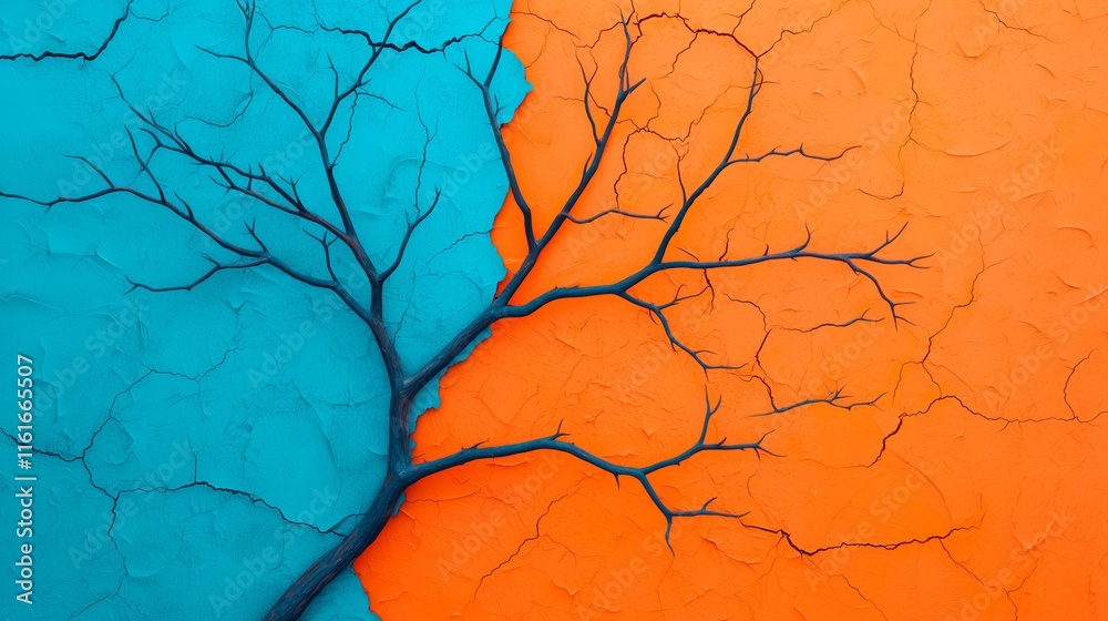 Contrast of life tree branches against vibrant blue and orange background abstract art creative environment Contrast of life tree branches against vibrant blue and orange background abstract art creative environment