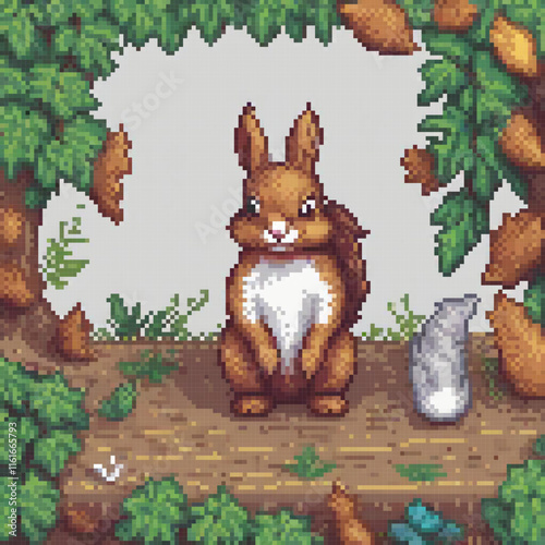 Pixel art of a cute rabbit exploring the woods.