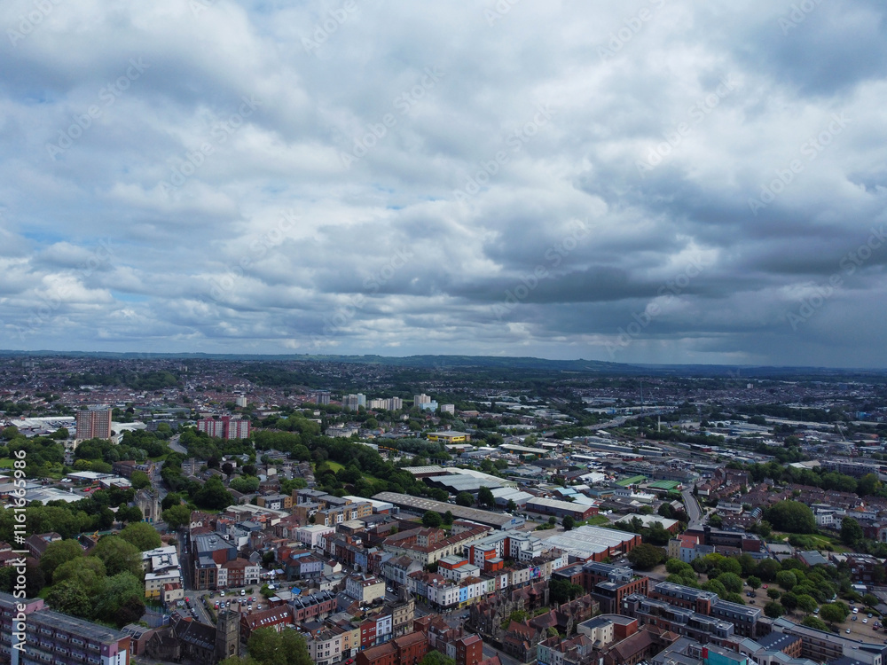 An Aerial View of Buildings at Central Bristol City of Southwest of England, United Kingdom. May 26th, 2024. The High Angle Footage Was Captured with Drone's Camera from Medium High Altitude. An Aerial View of Buildings at Central Bristol City of Southwest of England, United Kingdom. May 26th, 2024. The High Angle Footage Was Captured with Drone's Camera from Medium High Altitude.