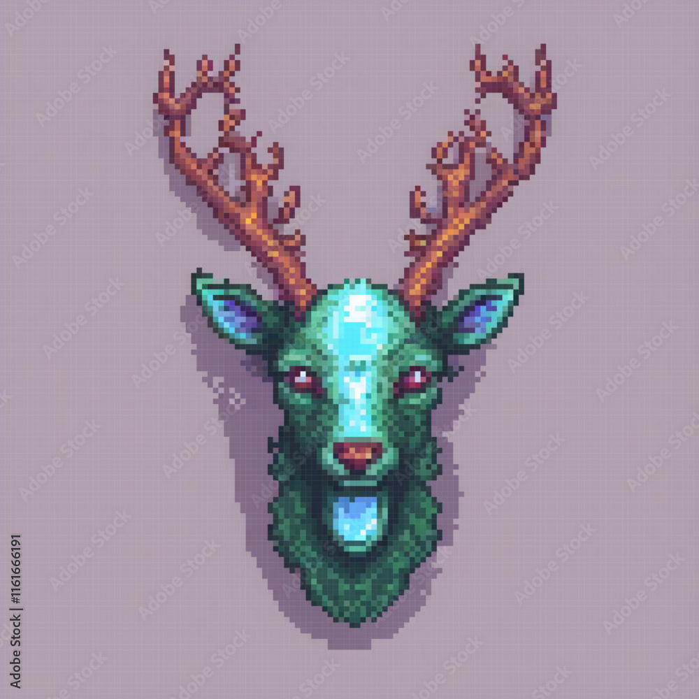Naklejka premium Pixel art deer head with antlers on a vibrant purple background.