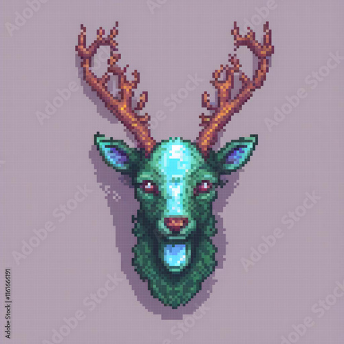 Pixel art deer head with antlers on a vibrant purple background.