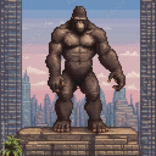 Pixel art gorilla on skyscraper, city backdrop.