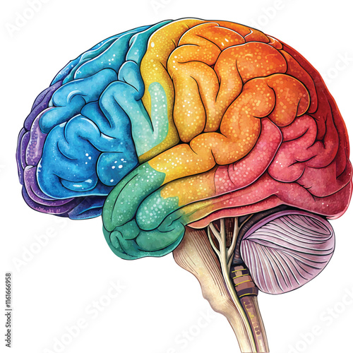 Colorful human brain model showcasing different brain regions for education and science vector