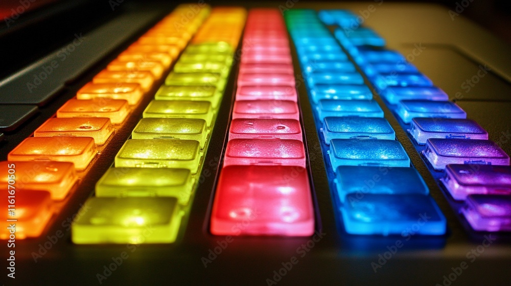 Obraz premium Rainbow illuminated keyboard keys close-up.