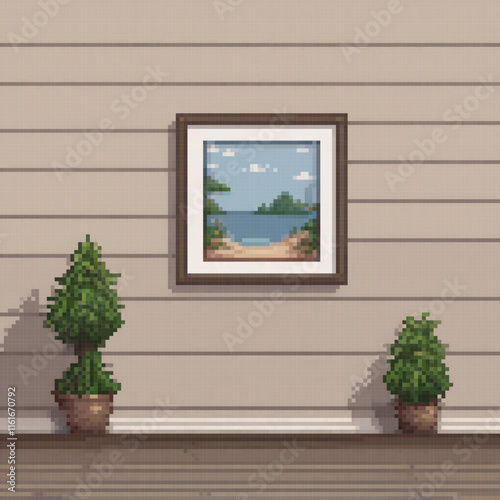 Pixel art of a vintage picture frame with two lush potted plants on a modern wall.