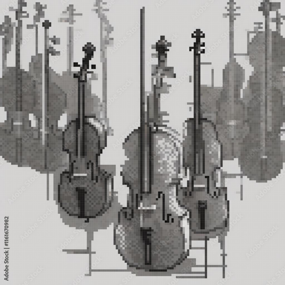 Pixel art ensemble of cellos in harmony
