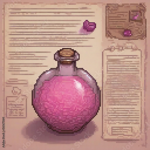 Vintage pink potion bottle on a table, perfect for fantasy-themed decor.