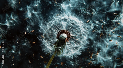 Dandelion seed head dispersing seeds in wind. photo