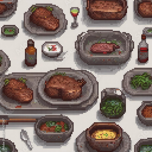 Pixel art showcasing a colorful assortment of foods on a table, perfect for food lovers and art enthusiasts.