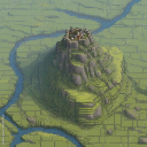 Pixel art depicting a charming island surrounded by a serene river.