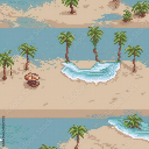 Pixel art depicting a serene beach with palm trees and a quaint island.