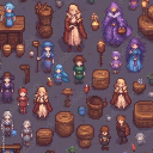 Pixel art dungeon scene with adventurers
