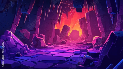 A Glowing Purple and Red Cave Entrance, 2d cartoon for game background and cartoon cover book photo