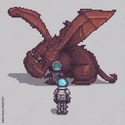 Pixel art dragon and robot duel in a retro-style battle.