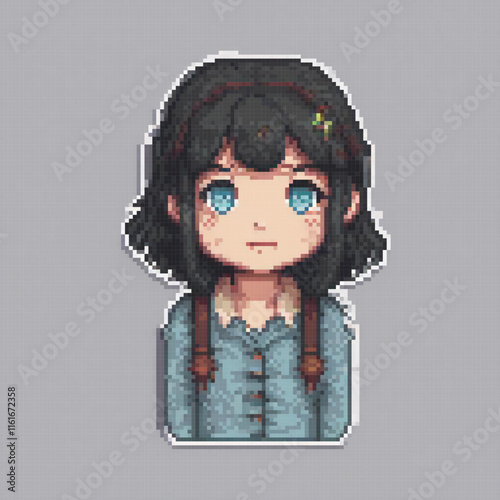 Cute pixel art of a girl with striking blue eyes.