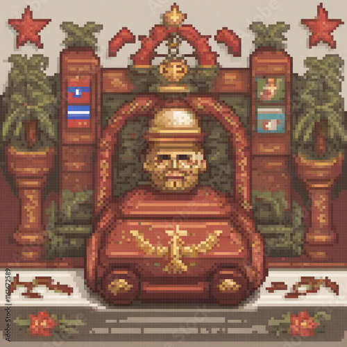 A pixel art depiction of a man seated on a majestic throne, exuding regal authority.