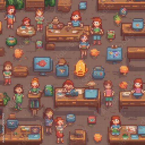 Pixel art classroom scene with energetic students
