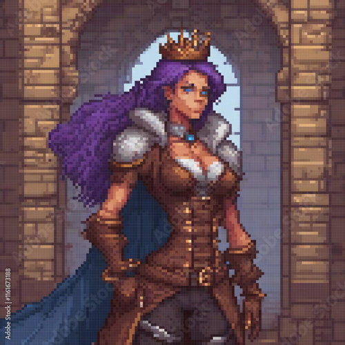 Enchanting pixel art of a regal woman with purple hair, crowned and standing proudly before a majestic castle.