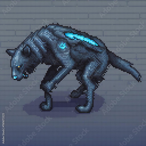 Pixel art of a majestic black wolf with striking blue eyes, strolling confidently in front of a rustic brick wall.
