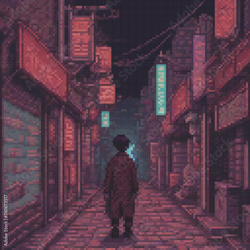 Pixel art depicting a man strolling through a nocturnal cityscape.