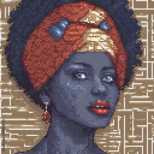 Pixel art cross stitch pattern featuring a woman with an afro.