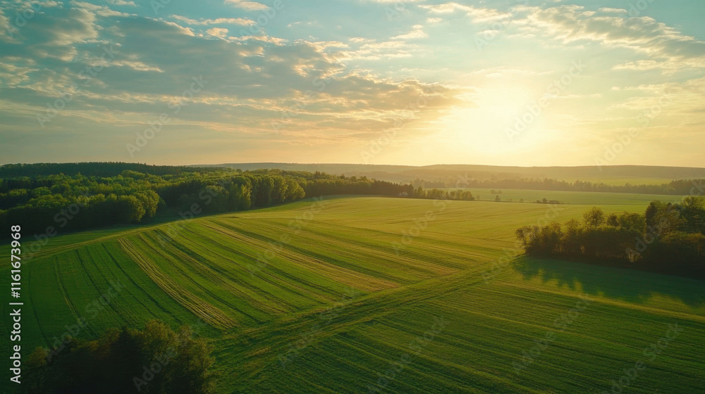 Aerial view of lush green landscape with fields and trees under sunset sky, showcasing beauty of nature and tranquility Aerial view of lush green landscape with fields and trees under sunset sky, showcasing beauty of nature and tranquility