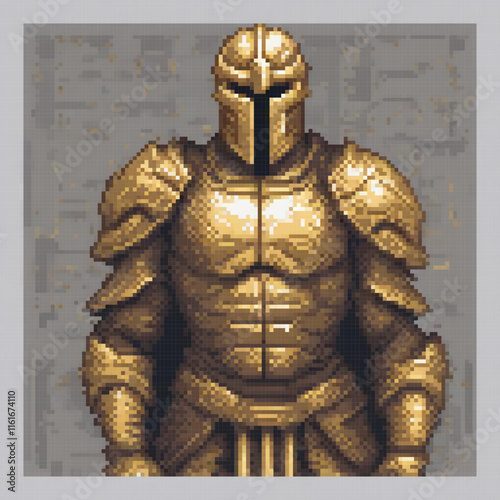 Gold armor helmet pixel art, vintage style.