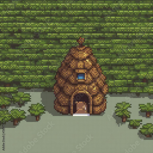 Pixel art depicting a quaint hut amidst a serene field.