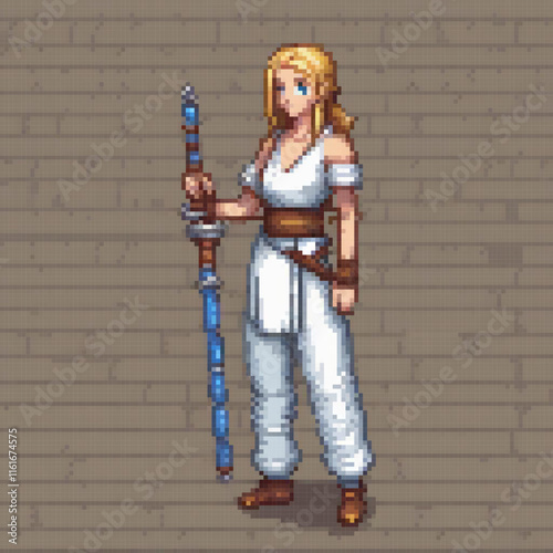 Elegant pixel art of a woman wielding a sword in a pristine white outfit.
