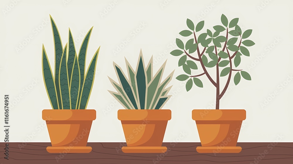 illustration of three terracotta pots with houseplants: a snake plant, a spiky plant with green and yellow stripes, and a potted tree with green leaves, placed on a wooden surface illustration of three terracotta pots with houseplants: a snake plant, a spiky plant with green and yellow stripes, and a potted tree with green leaves, placed on a wooden surface