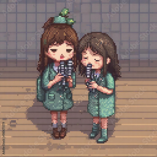 Two girls in vibrant green coats, pixel art style, standing side by side.
