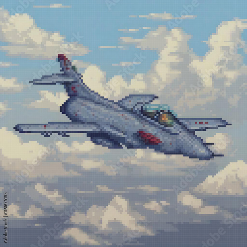 Pixel art of a sleek fighter jet soaring above fluffy clouds.