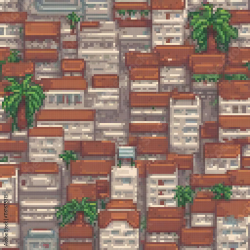 Pixelated cityscape with palm trees, retro charm.