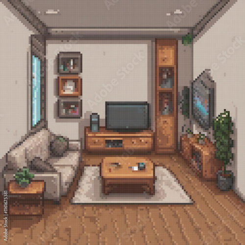 Pixel art depicts a cozy living room with modern furniture and a sleek flat screen TV.