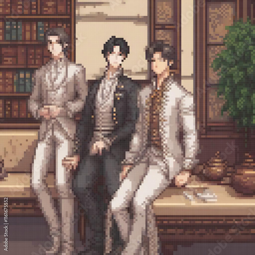 Pixel art depicting men enjoying a tabletop gathering