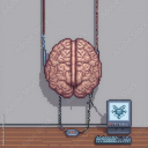 Pixel art of a computer with a brain-shaped ceiling accessory.