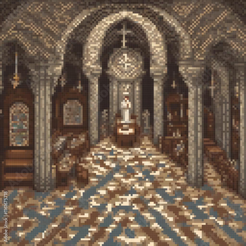 Handcrafted pixel art cross stitch pattern of a quaint church.