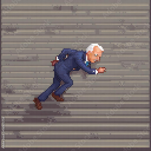 Pixel art depicts a man in a suit sprinting down a city street.