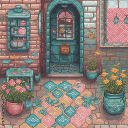 Pixel art of a charming house with a vibrant blue door and lush potted plants.