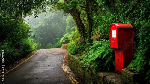 istoric red mailbox stands prominently on a British street, symbolizing timeless communication and cultural heritage. photo