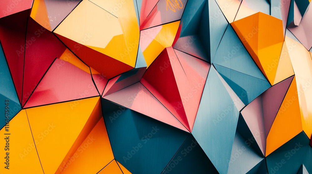 Colorful geometric design featuring vibrant shapes and angles in a modern art installation