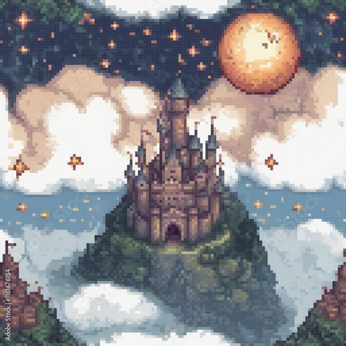 Pixel art castle on hill with moonlit sky