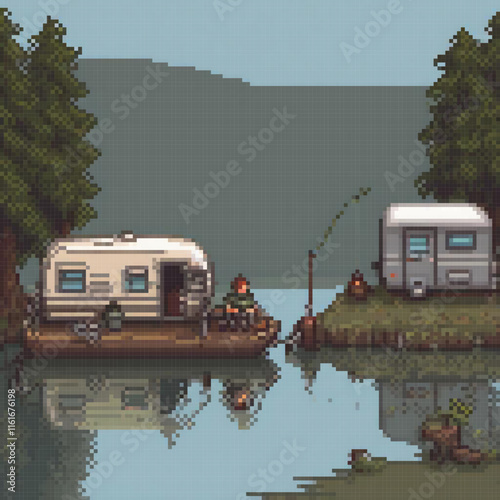 Pixel art depicting a serene scene with two RVs on a lake, surrounded by a lush forest.