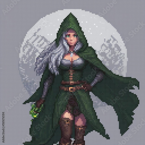 Enchanting pixel art of a cloaked woman under a luminous full moon.