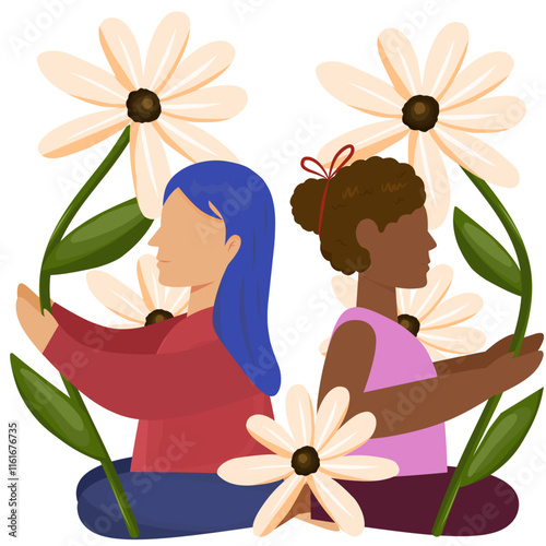 Illustration of two female characters with flowers around them photo