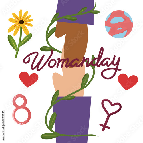 Illustration of two hands reaching for each other decorated with flowers and feminine symbols, women's day clipart icon photo