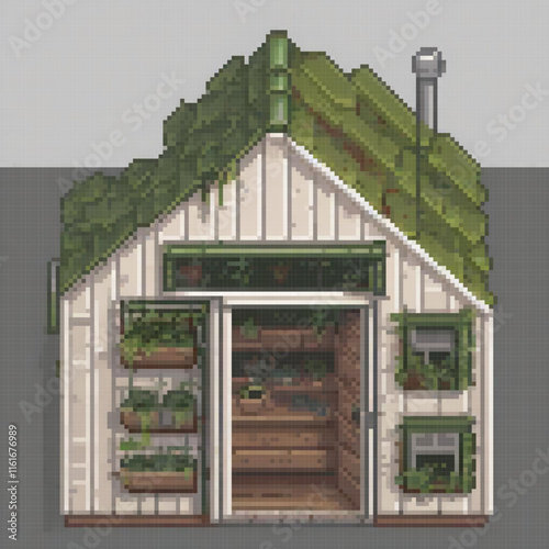 Pixel art of a quaint, green-roofed house with charming windows.