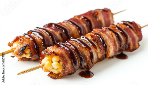 Delicious bacon-wrapped corn on skewers drizzled with savory sauce, perfect for appetizers or snacks. photo