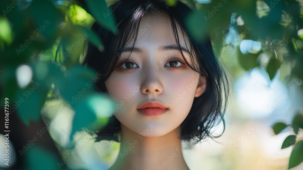 Young woman with short dark hair surrounded by green leaves in bright natural light Young woman with short dark hair surrounded by green leaves in bright natural light